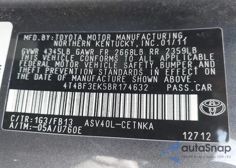 2011 Toyota Camry Le z USA, uszkodzony, nr VIN 4T4BF3EK5BR174632